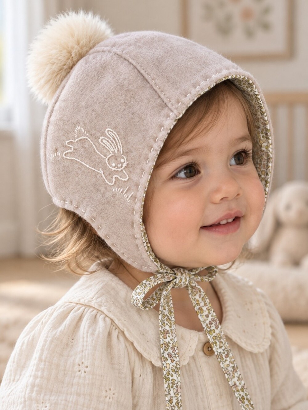 Wool Blush Pom-Pom Bonnet with Embroidery Detail | 12M